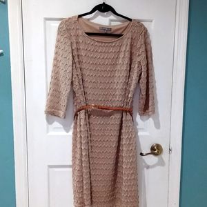 Sharagano Tan textured at knee length dress. I Cut The Belt Loops Off.